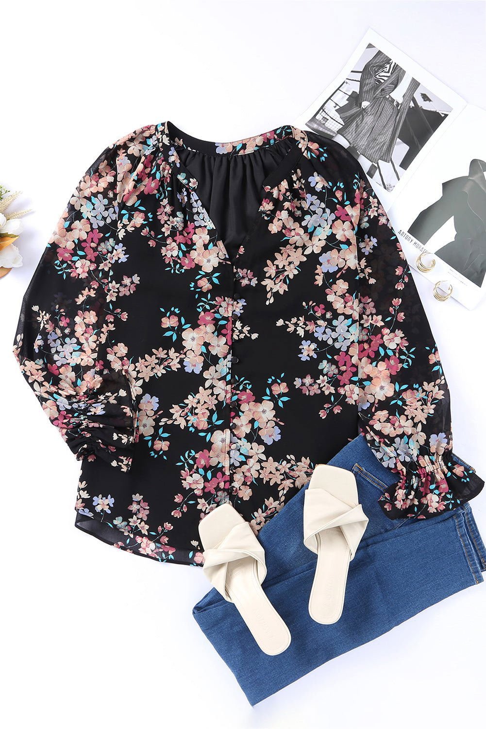 Black Floral Boho Chiffon Peasant Sleeve Blouse - Vesteeto