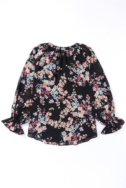 Black Floral Boho Chiffon Peasant Sleeve Blouse - Vesteeto