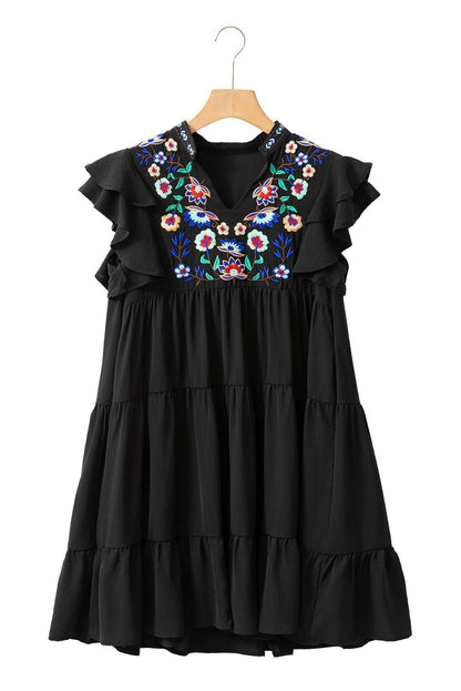 Black Floral Embroidered Frill Neck Ruffle Babydoll Tiered Dress - Vesteeto