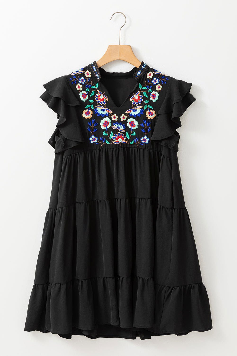 Black Floral Embroidered Frill Neck Ruffle Babydoll Tiered Dress - Vesteeto