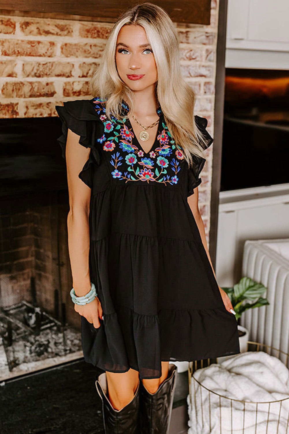 Black Floral Embroidered Frill Neck Ruffle Babydoll Tiered Dress - Vesteeto