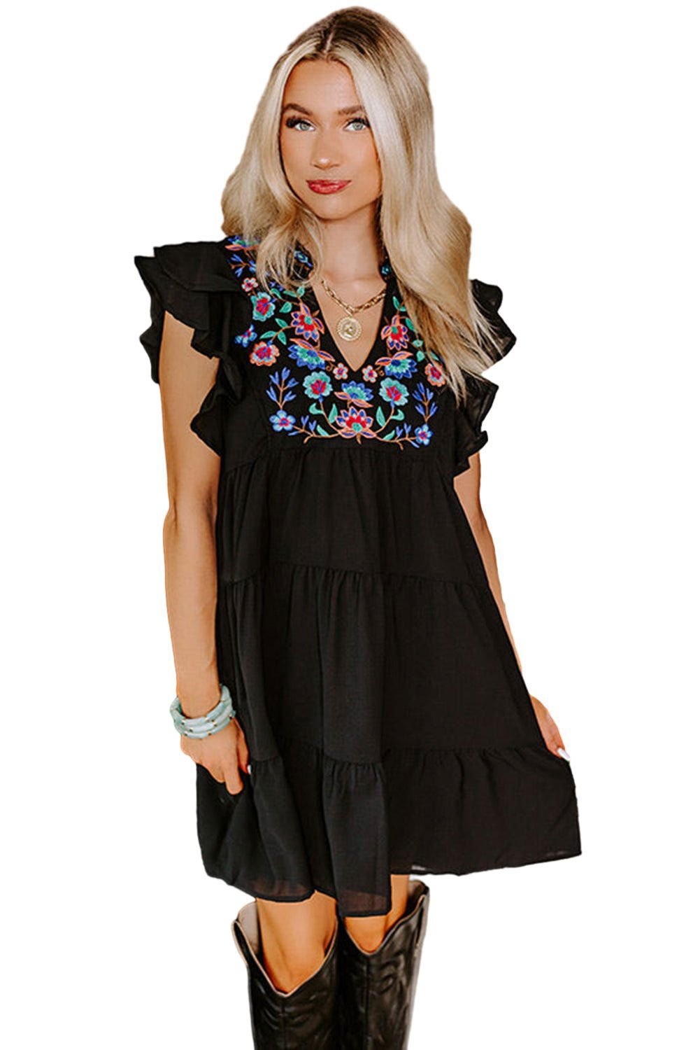 Black Floral Embroidered Frill Neck Ruffle Babydoll Tiered Dress - Vesteeto