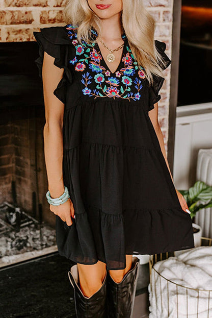 Black Floral Embroidered Frill Neck Ruffle Babydoll Tiered Dress - Vesteeto