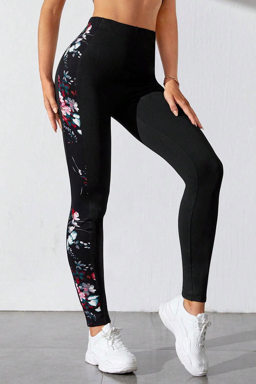 Black Floral Print Patch High Waist Leggings - Vesteeto