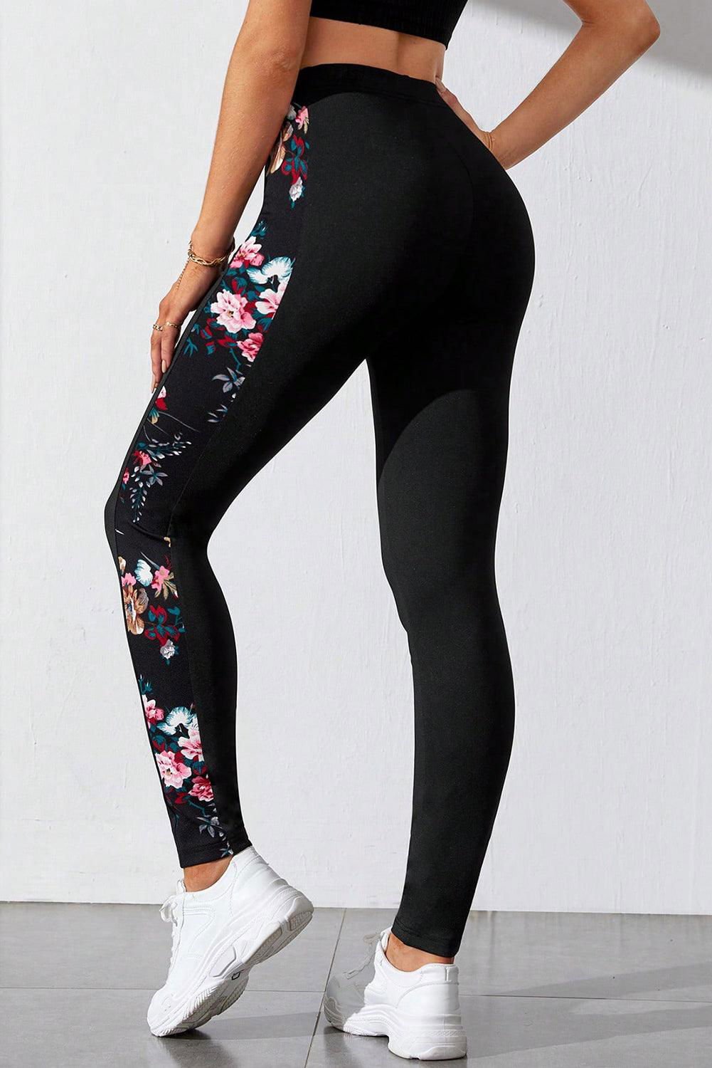 Black Floral Print Patch High Waist Leggings - Vesteeto