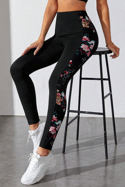 Black Floral Print Patch High Waist Leggings - Vesteeto