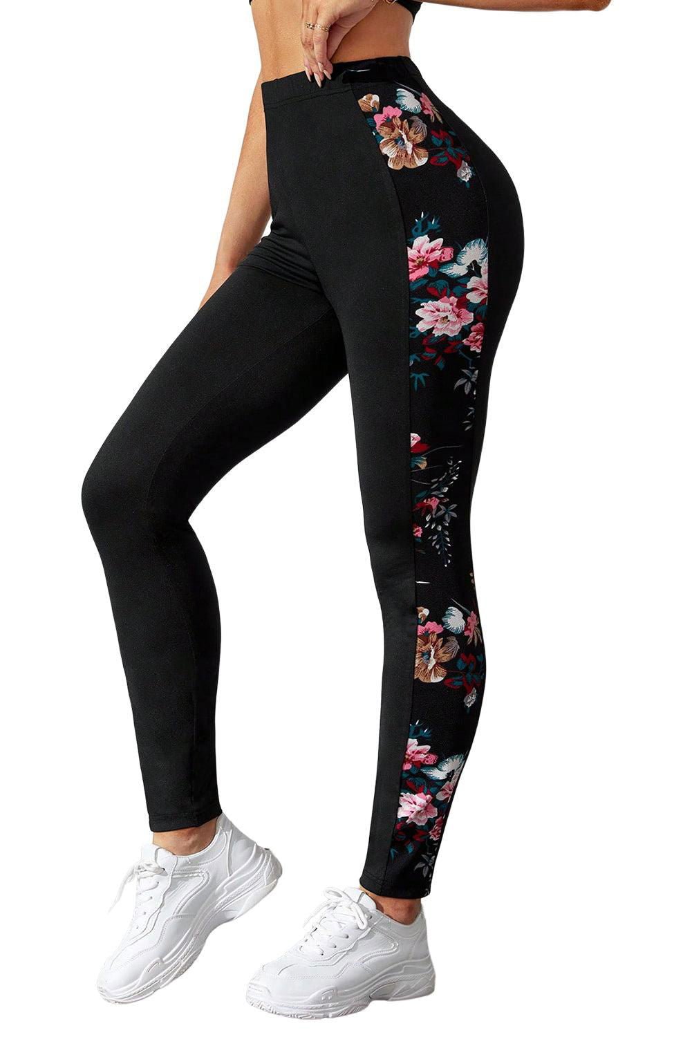 Black Floral Print Patch High Waist Leggings - Vesteeto