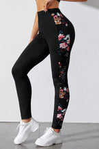 Black Floral Print Patch High Waist Leggings - Vesteeto