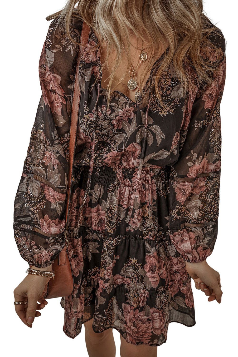 Black Floral Puff Sleeve V Neck Smocked Waist Mini Dress - Vesteeto