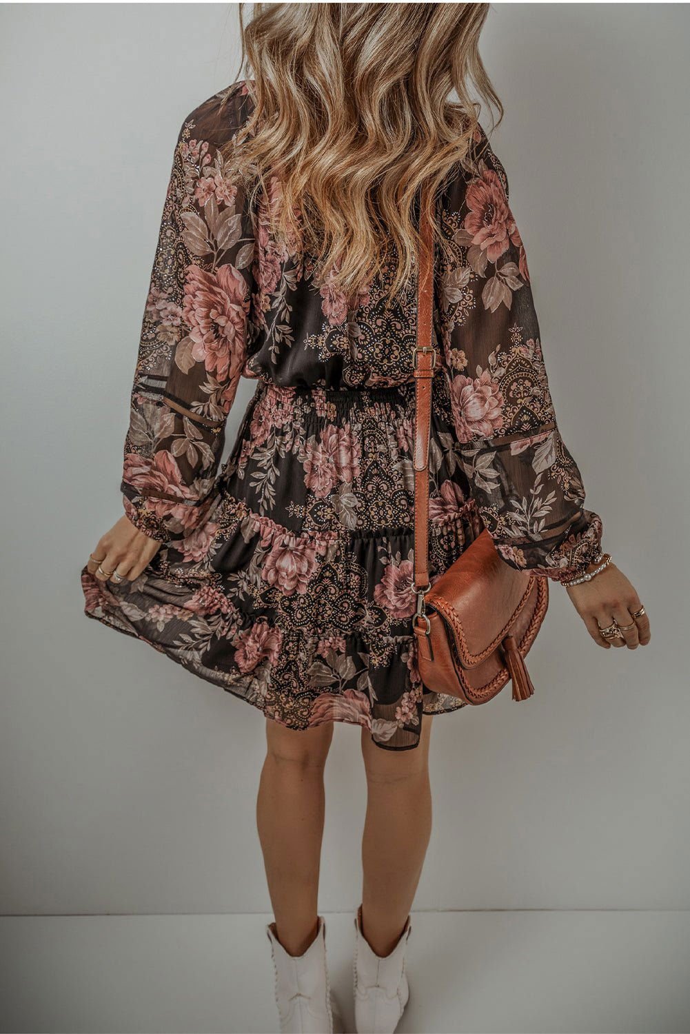 Black Floral Puff Sleeve V Neck Smocked Waist Mini Dress - Vesteeto