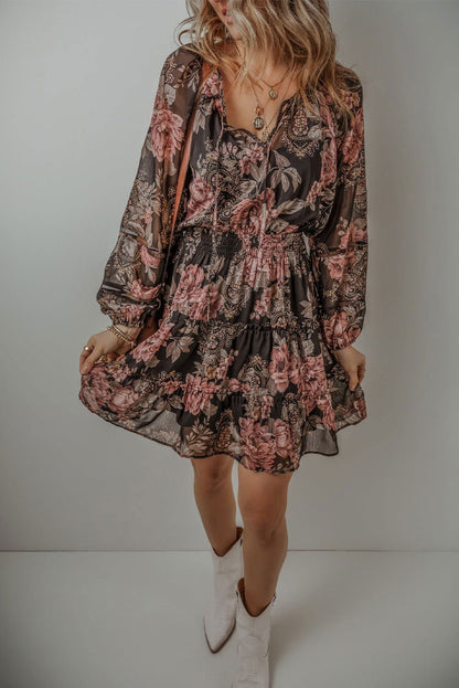 Black Floral Puff Sleeve V Neck Smocked Waist Mini Dress - Vesteeto