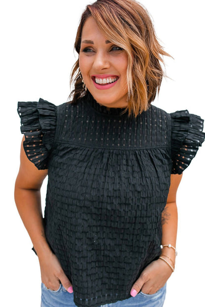 Black Frilled Neck Ruffle Textured Blouse - Vesteeto