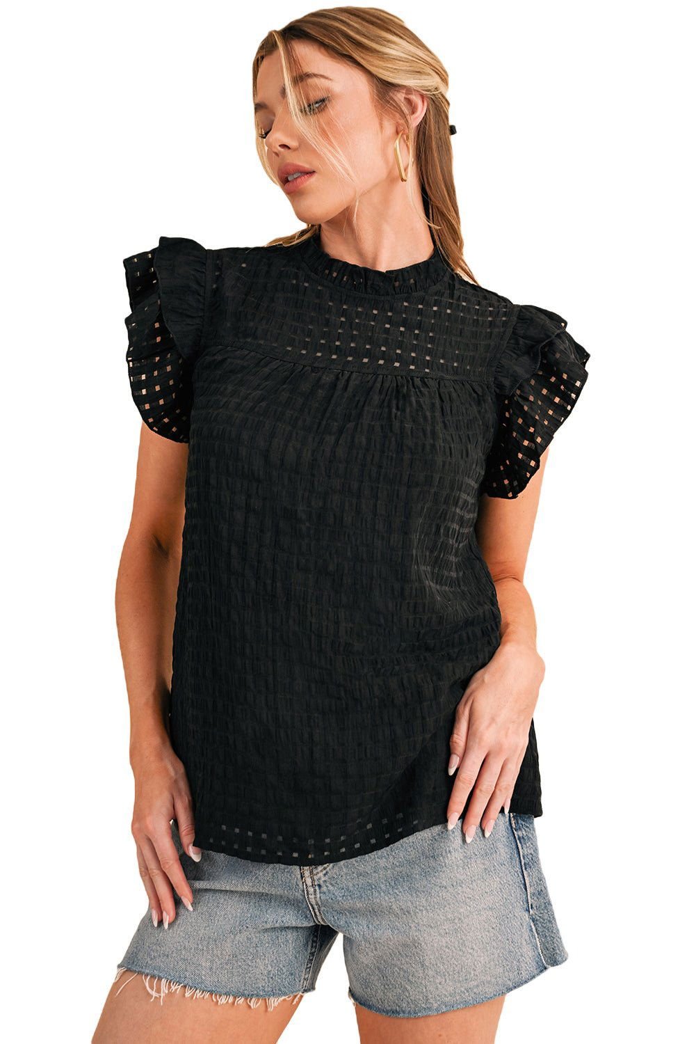 Black Frilled Neck Ruffle Textured Blouse - Vesteeto