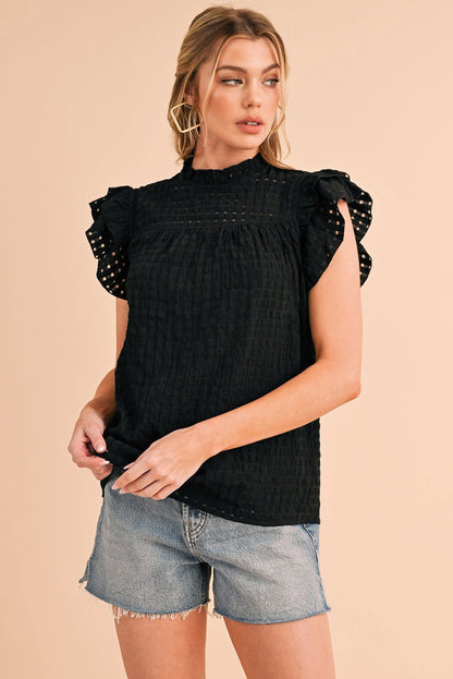 Black Frilled Neck Ruffle Textured Blouse - Vesteeto