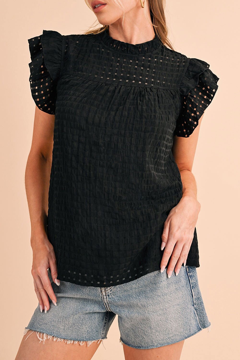 Black Frilled Neck Ruffle Textured Blouse - Vesteeto