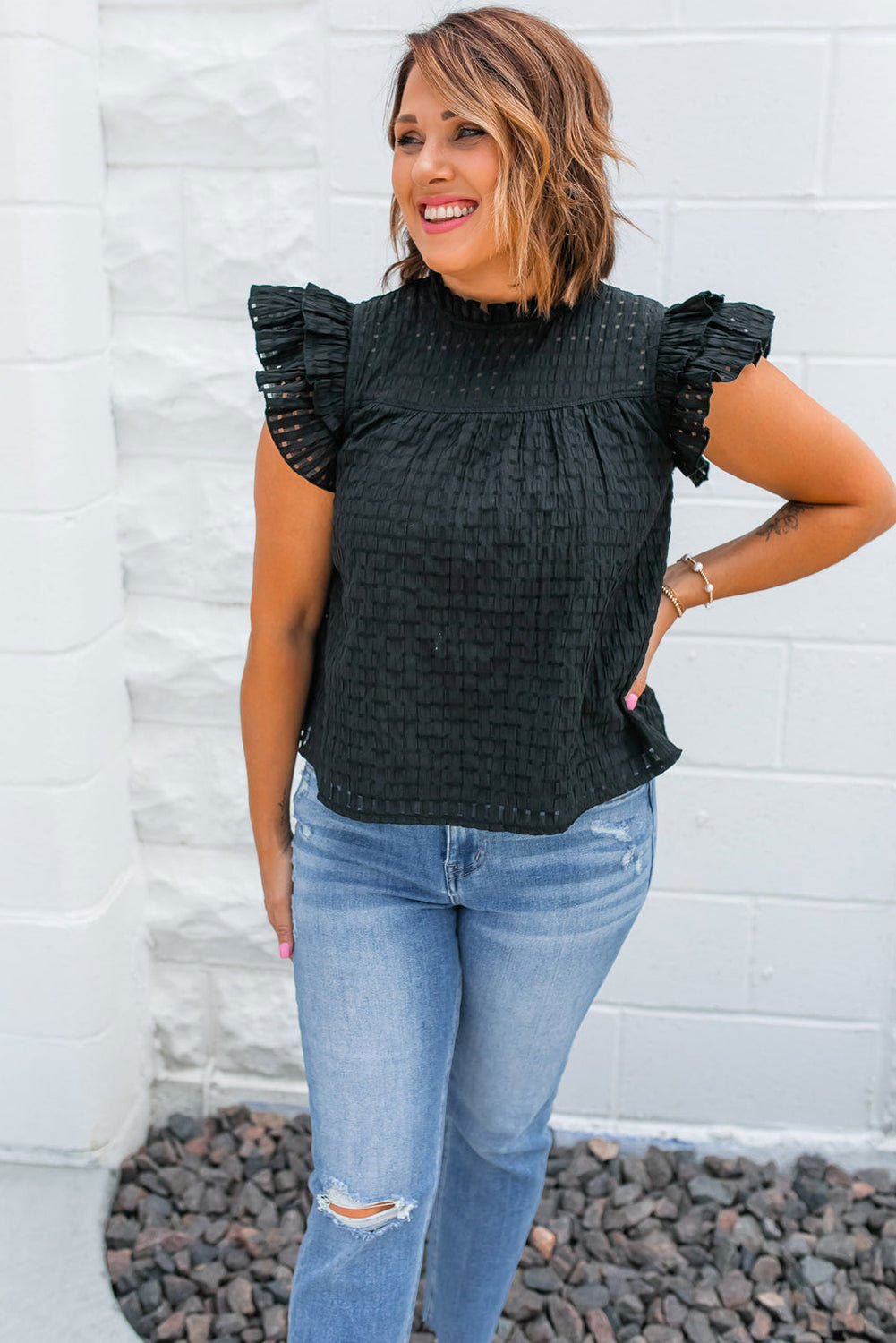 Black Frilled Neck Ruffle Textured Blouse - Vesteeto