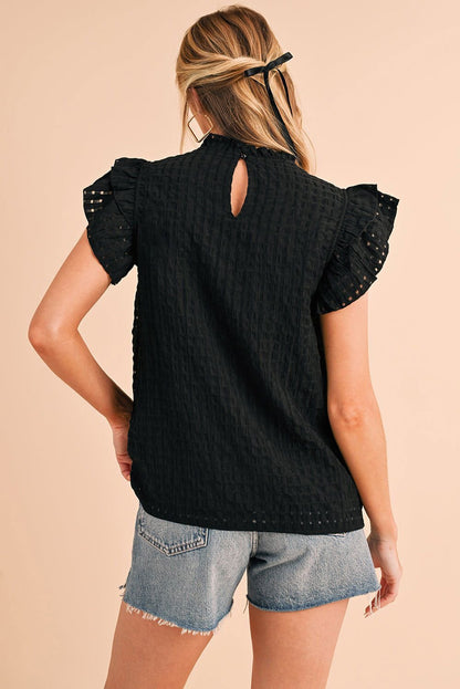 Black Frilled Neck Ruffle Textured Blouse - Vesteeto