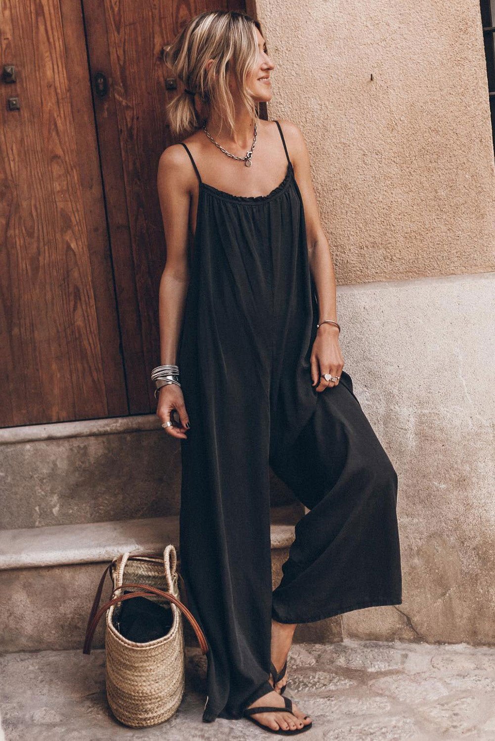 Black Frilled Neckline Strap Backless Wide Leg Jumpsuit - Vesteeto