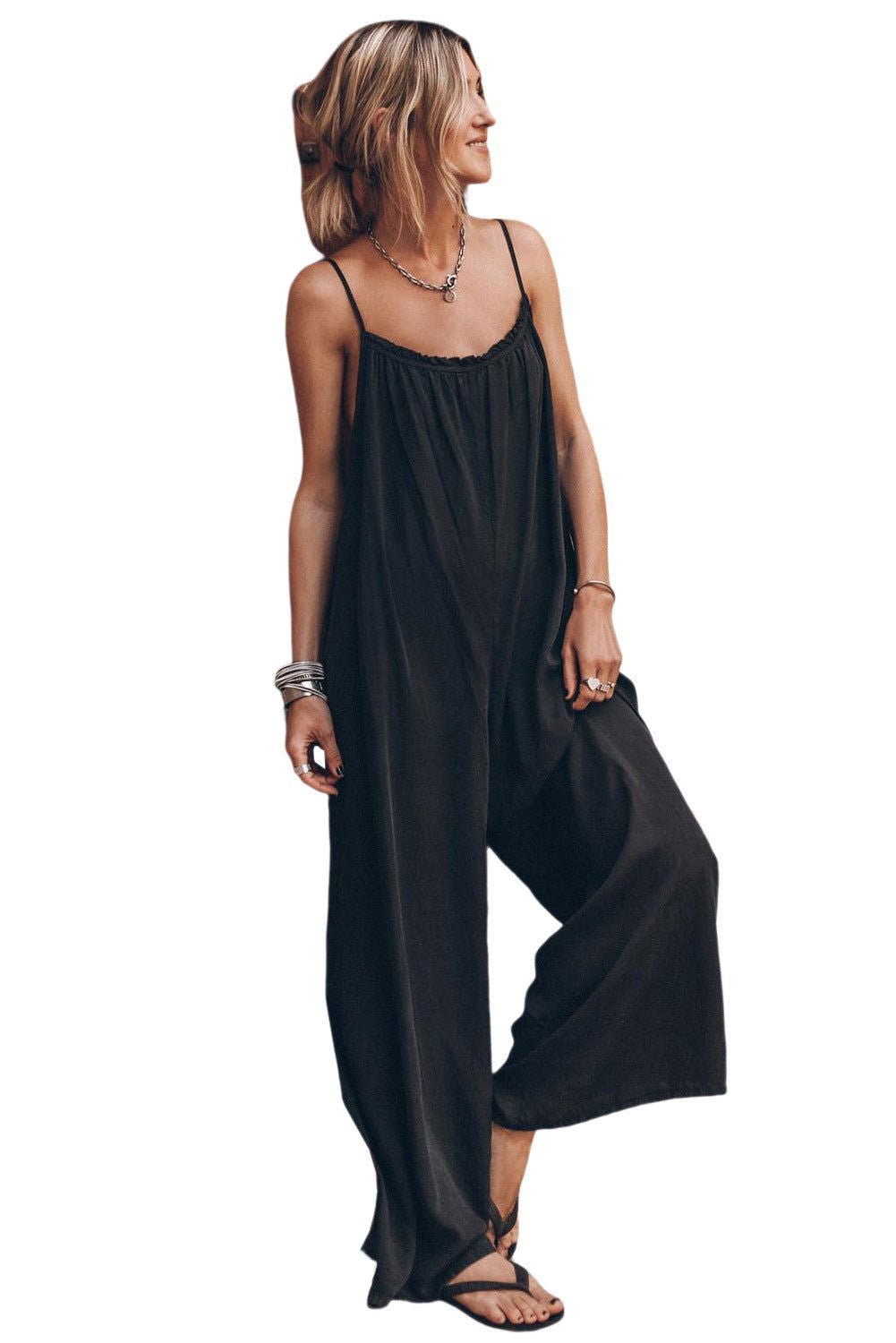 Black Frilled Neckline Strap Backless Wide Leg Jumpsuit - Vesteeto