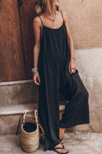 Black Frilled Neckline Strap Backless Wide Leg Jumpsuit - Vesteeto