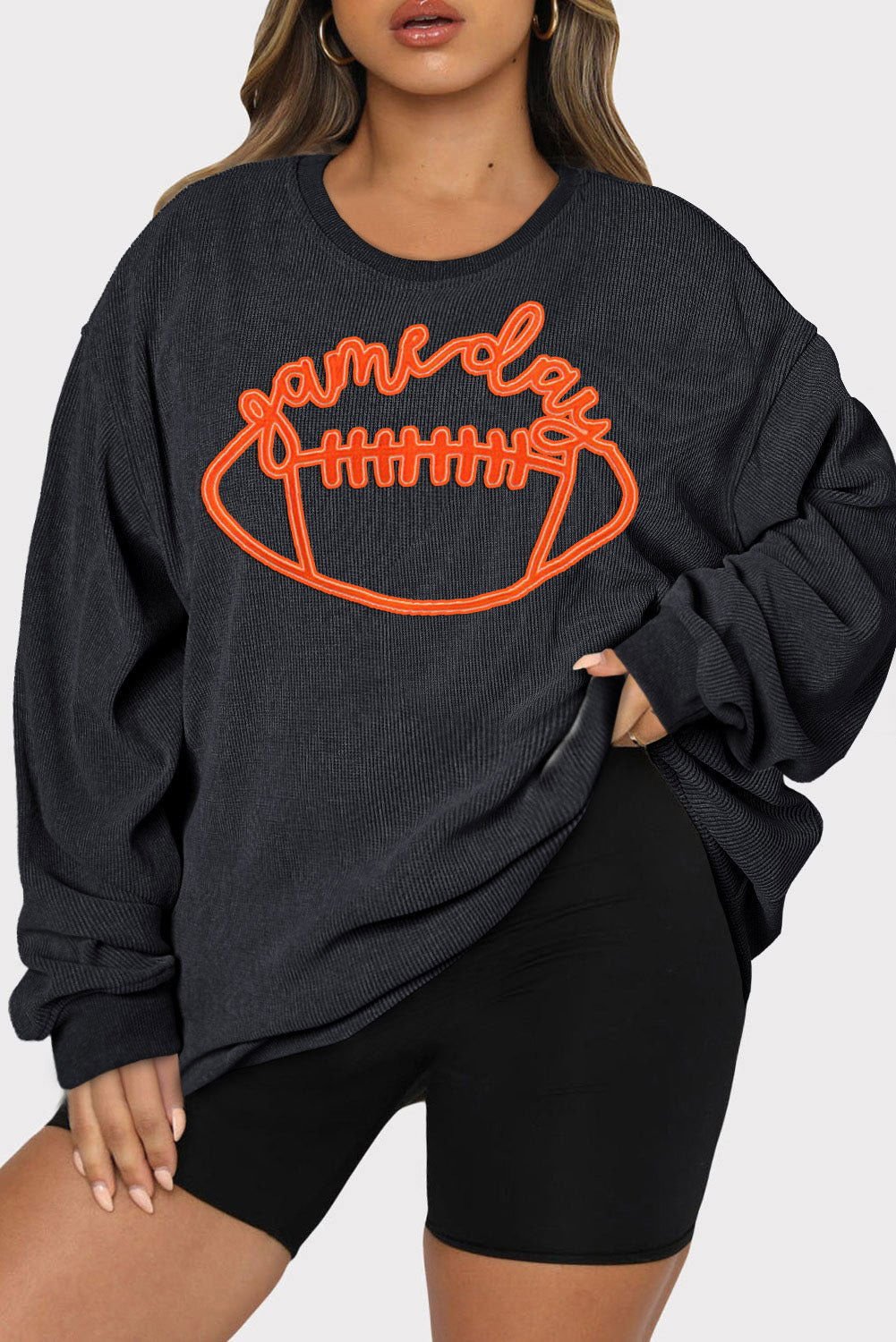 Black Game Day Rugby Embroidered Graphic Plus Size Sweatshirt - Vesteeto