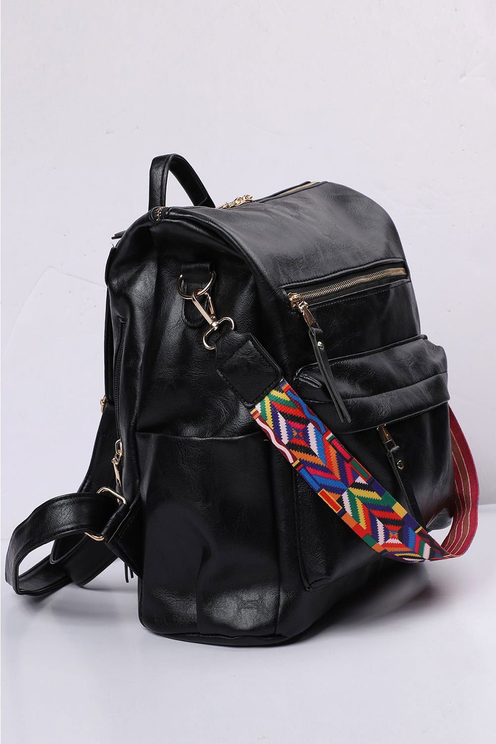 Black Geometric Crochet Strap PU Leather Large Backpack - Vesteeto