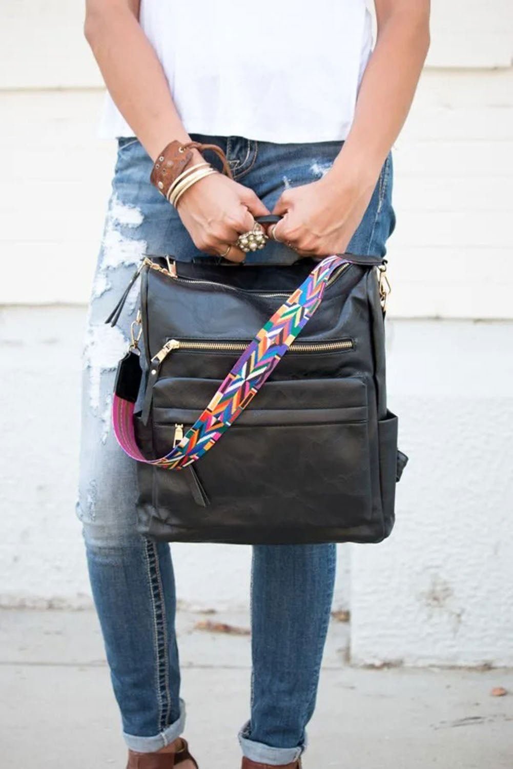 Black Geometric Crochet Strap PU Leather Large Backpack - Vesteeto