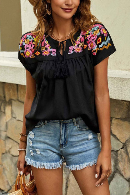 Black Geometric Floret Embroidered Boho Summer Top - Vesteeto