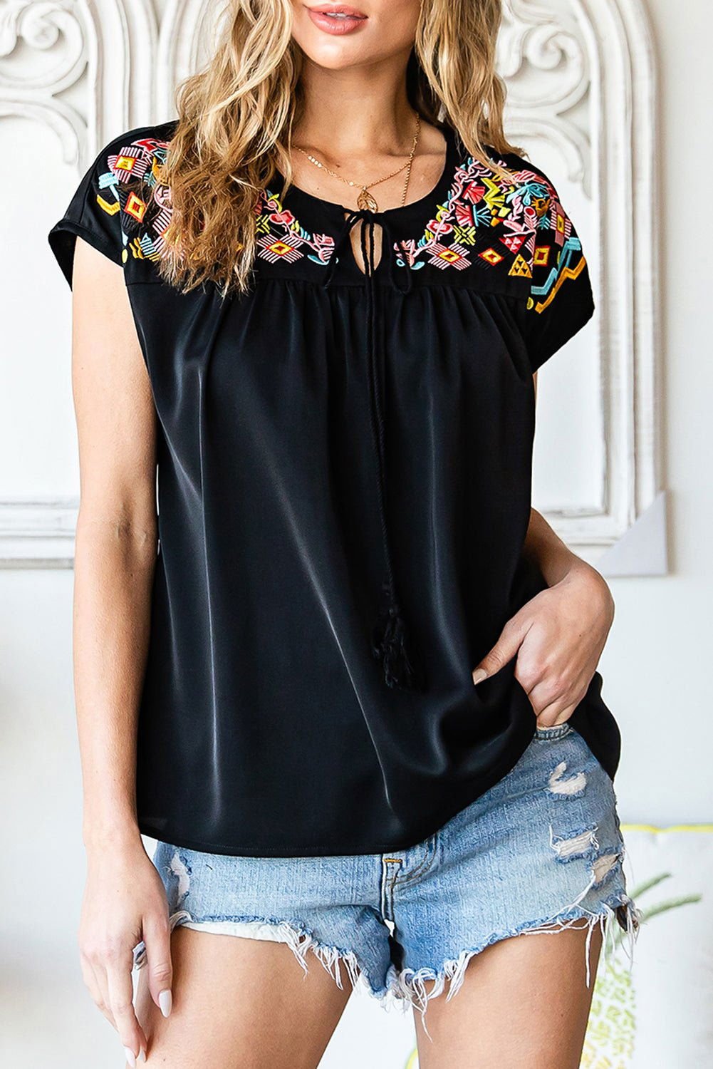 Black Geometric Floret Embroidered Boho Summer Top - Vesteeto