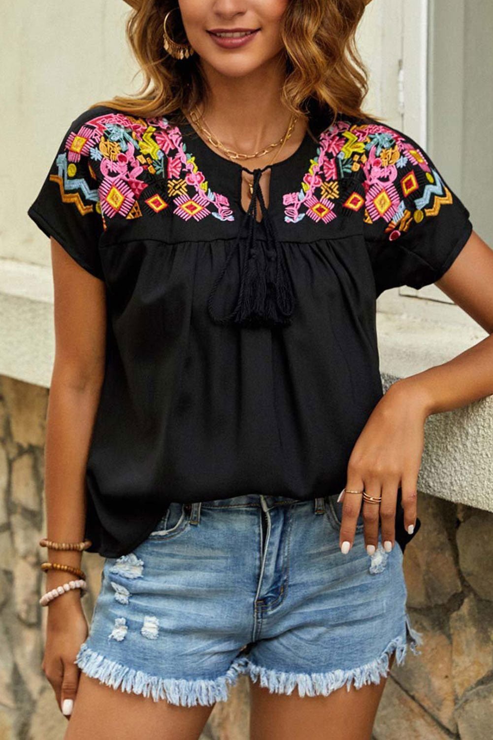 Black Geometric Floret Embroidered Boho Summer Top - Vesteeto