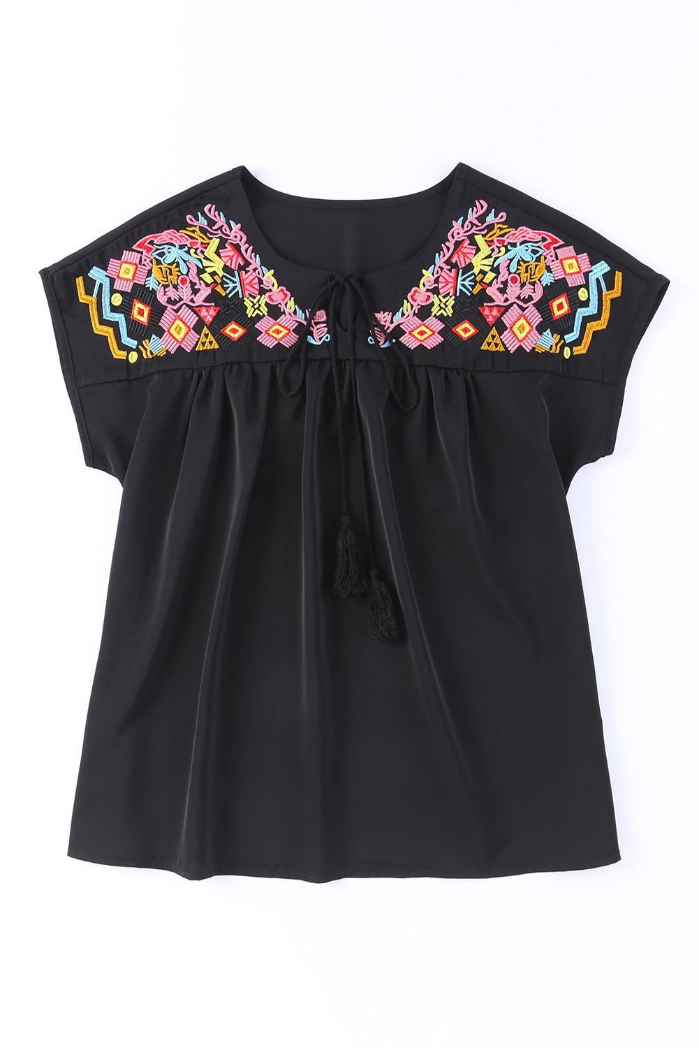 Black Geometric Floret Embroidered Boho Summer Top - Vesteeto