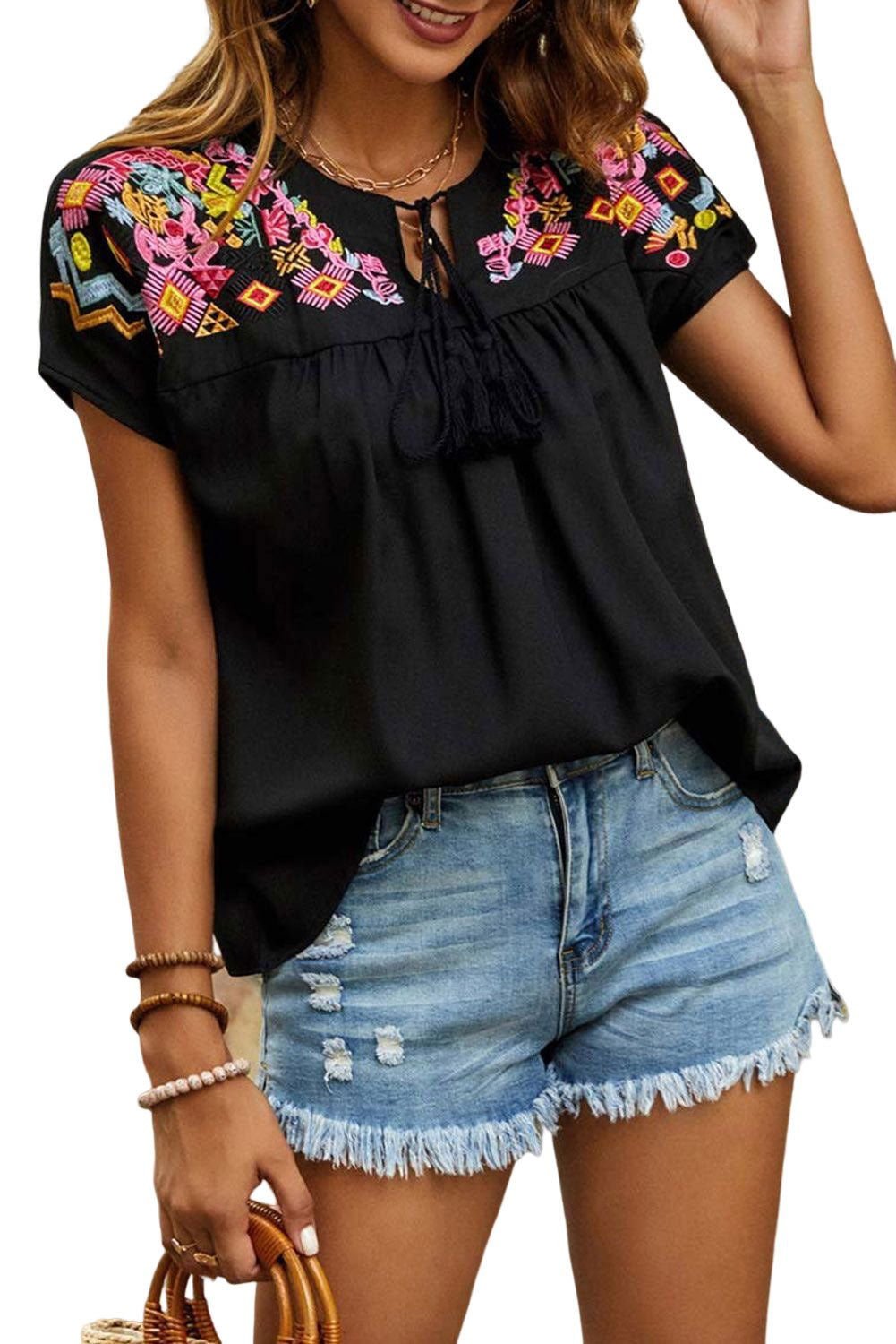 Black Geometric Floret Embroidered Boho Summer Top - Vesteeto