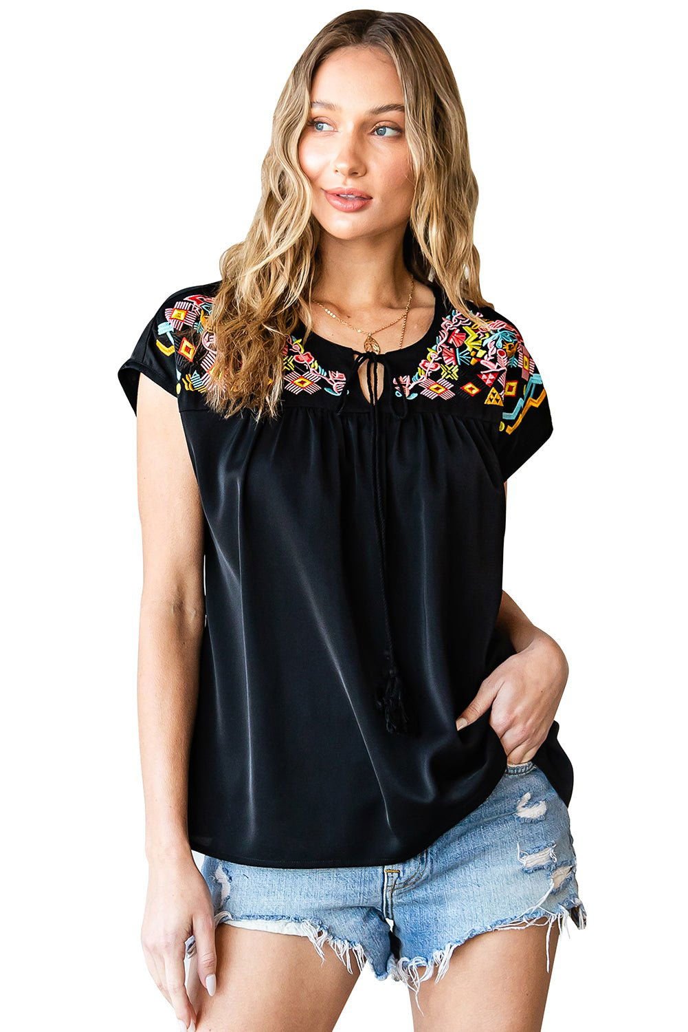 Black Geometric Floret Embroidered Boho Summer Top - Vesteeto