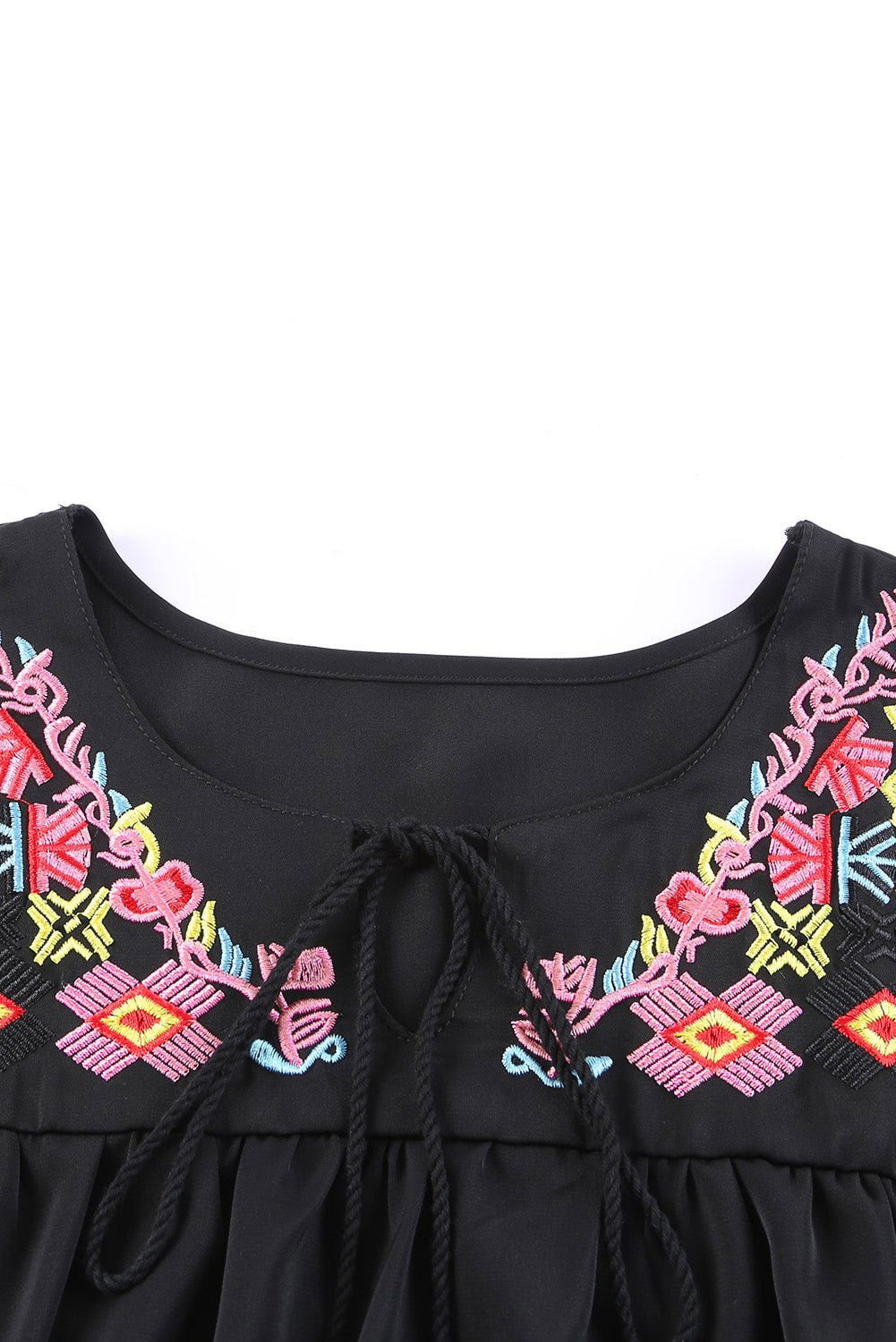 Black Geometric Floret Embroidered Boho Summer Top - Vesteeto