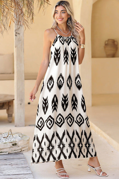 Black Geometric Printed Spaghetti Strap Vacation Sundress - Vesteeto