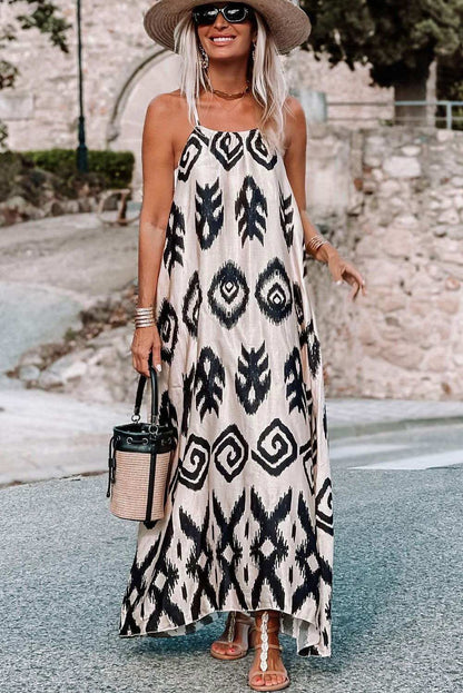 Black Geometric Printed Spaghetti Strap Vacation Sundress - Vesteeto