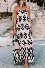 Black Geometric Printed Spaghetti Strap Vacation Sundress - Vesteeto