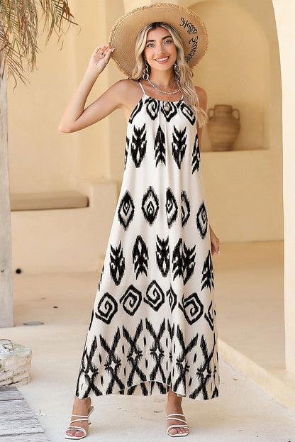 Black Geometric Printed Spaghetti Strap Vacation Sundress - Vesteeto