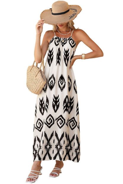 Black Geometric Printed Spaghetti Strap Vacation Sundress - Vesteeto