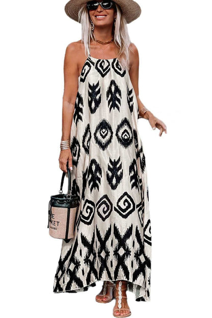 Black Geometric Printed Spaghetti Strap Vacation Sundress - Vesteeto