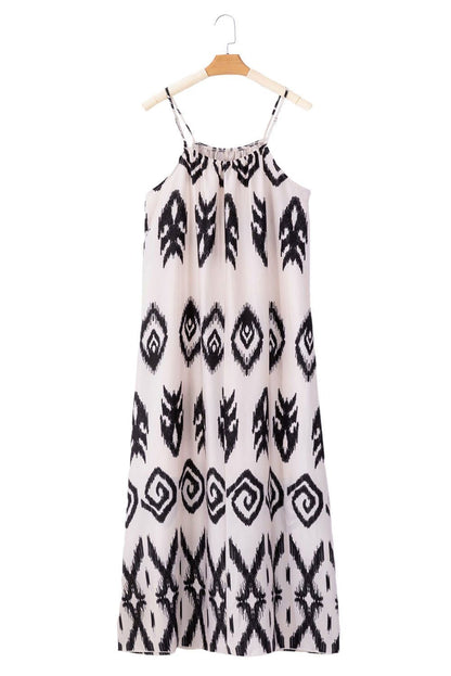 Black Geometric Printed Spaghetti Strap Vacation Sundress - Vesteeto