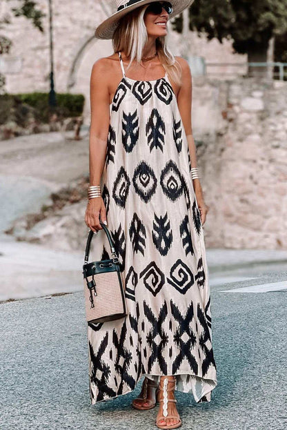 Black Geometric Printed Spaghetti Strap Vacation Sundress - Vesteeto