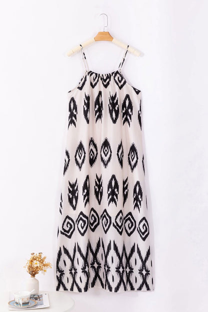 Black Geometric Printed Spaghetti Strap Vacation Sundress - Vesteeto