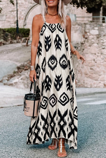 Black Geometric Printed Spaghetti Strap Vacation Sundress - Vesteeto