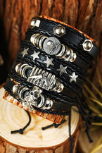 Black Gun Skull Star PU Leather Bracelet Set - Vesteeto