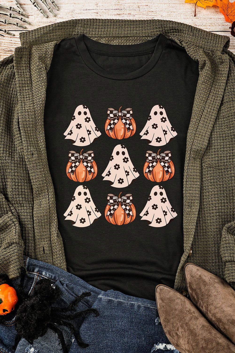 Black Halloween Ghost Pumpkin Graphic Crew Neck T Shirt - Vesteeto