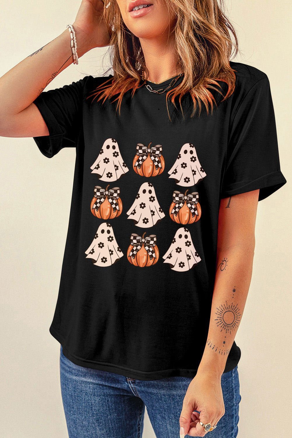 Black Halloween Ghost Pumpkin Graphic Crew Neck T Shirt - Vesteeto