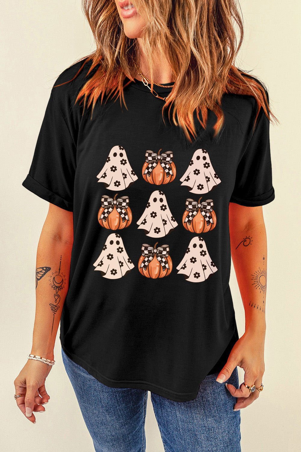 Black Halloween Ghost Pumpkin Graphic Crew Neck T Shirt - Vesteeto