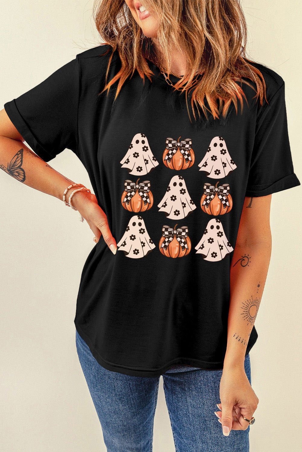 Black Halloween Ghost Pumpkin Graphic Crew Neck T Shirt - Vesteeto