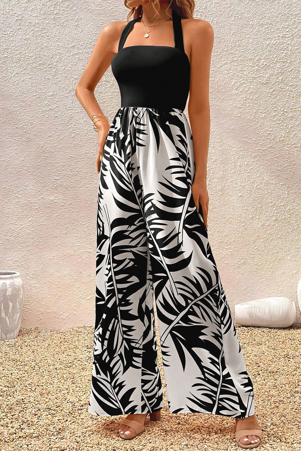 Black Halter Tropical Print Wide Leg Jumpsuit - Vesteeto